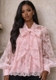 Women's Elegant Mesh Long Sleeve Lace Embroidered Top with Bow Detail