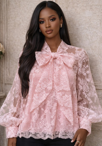 Women's Elegant Mesh Long Sleeve Lace Embroidered Top with Bow Detail