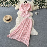Women's Spring/Summer Career Elegant Chic Stand Collar Short Sleeve Top & Pleated Skirt Two-Piece Set