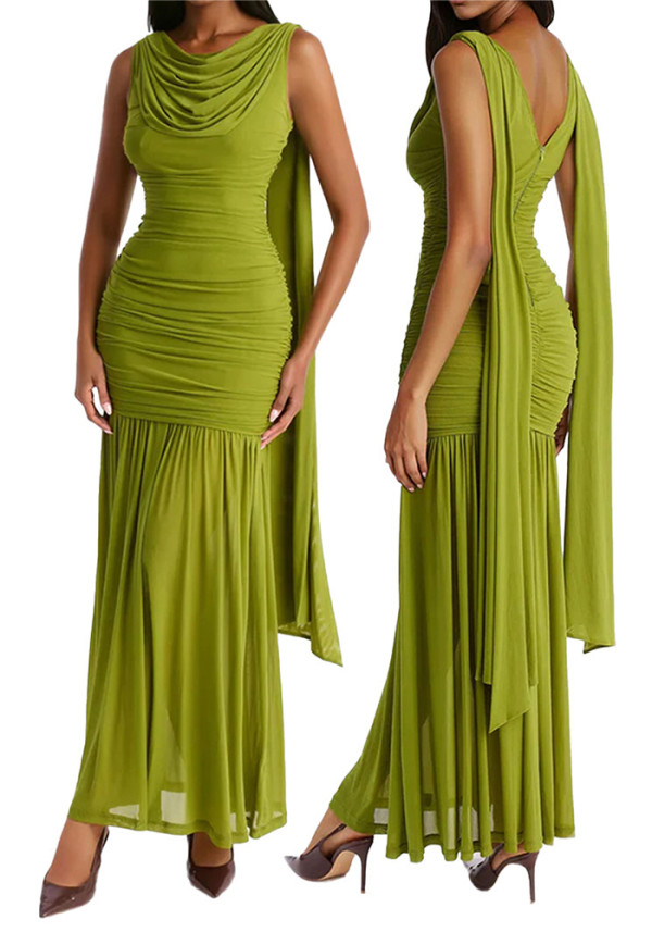Women's Sexy Mesh Cowl Neck Sleeveless Ruched Slim-Waist Formal Party Dress