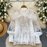 Women's Elegant Mesh Long Sleeve Lace Embroidered Top with Bow Detail
