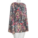 Women's Fall Sexy Leopard Print Ombre Lace-Up Low Back Bell Bottom Long Sleeve Dress