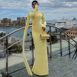 Women autumn long-sleeve  neck tie round neck and pleated bodycon dress