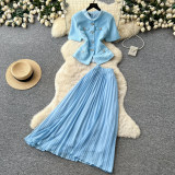 Women's Spring/Summer Career Elegant Chic Stand Collar Short Sleeve Top & Pleated Skirt Two-Piece Set