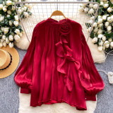 Women's Elegant Long Sleeve Shirt with Floral Embellishment
