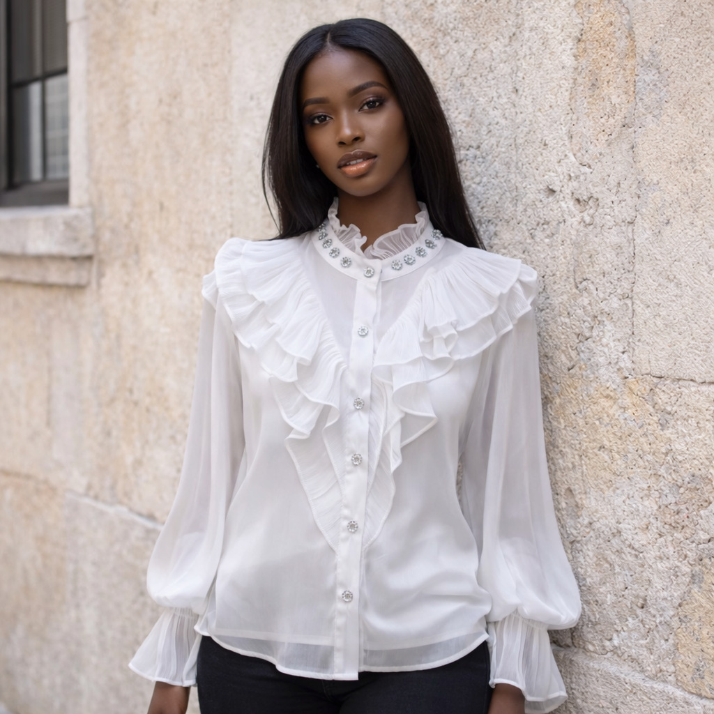 Embellished Long Sleeve Ruffle Shirt for Career Wear