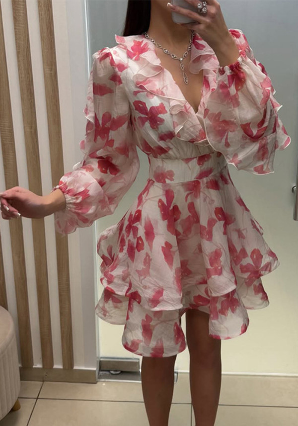 Women's Floral Print V-Neck Long Sleeve Slim-Waist A-Line Ruffle Dress