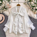 Women's Fall/Winter Chic V-Neck Ruffle Blouse with Bow Detail