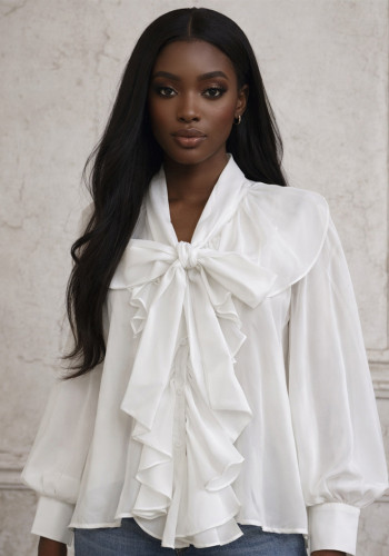 Women's Fall/Winter Chic V-Neck Ruffle Blouse with Bow Detail