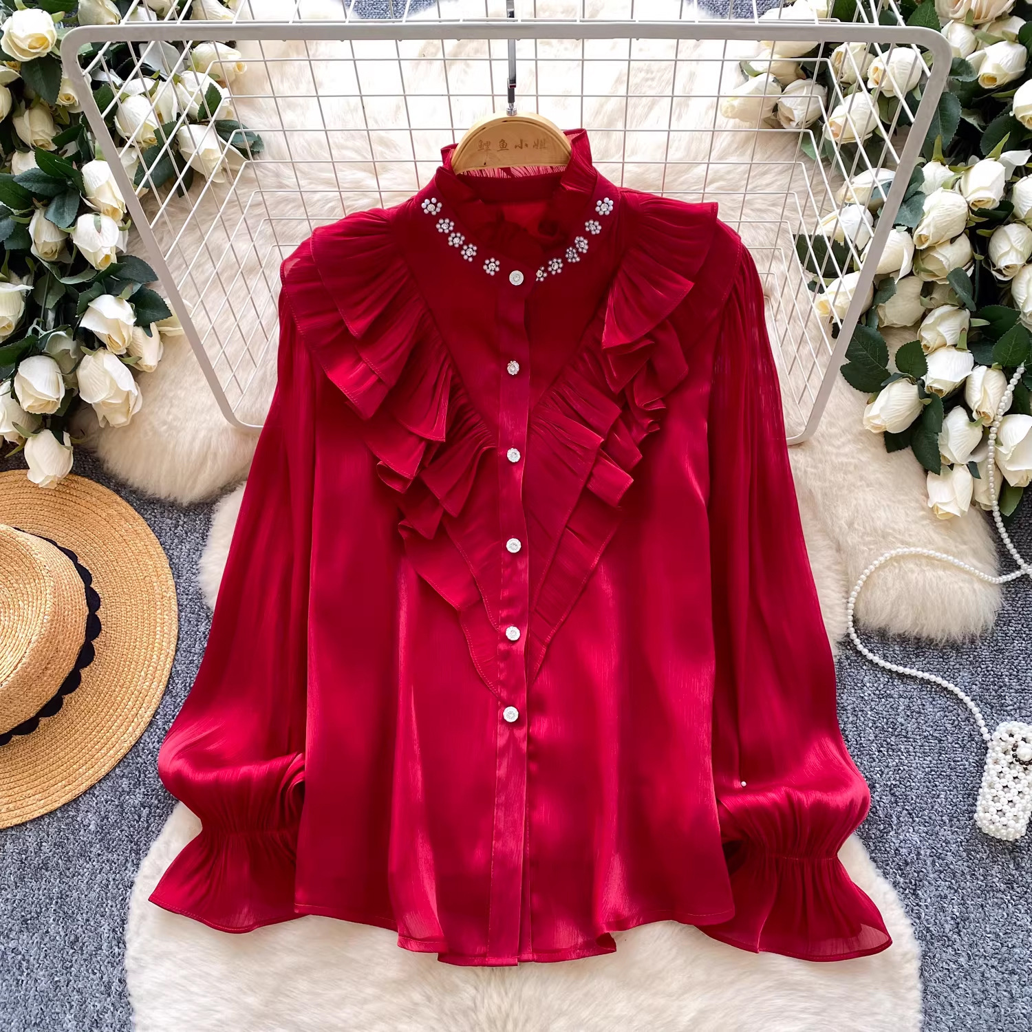 Embellished Long Sleeve Ruffle Shirt for Career Wear