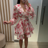 Women's Floral Print V-Neck Long Sleeve Slim-Waist A-Line Ruffle Dress