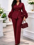 Women's Fall Burgundy Slim-Waist Floral Blazer & High-Waisted Straight-Leg Pants Two-Piece Set