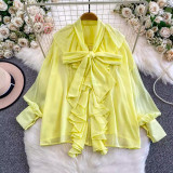 Women's Fall/Winter Chic V-Neck Ruffle Blouse with Bow Detail