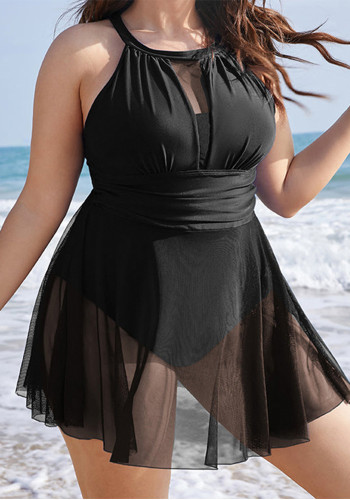 Women's Plus Size Halter Neck Low Back Mesh Skirt One-Piece Swimsuit