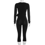 Women's Sexy Solid Color Deep V-Neck Wrap Long Sleeve Top & Cropped Tight-Fitting Pants Set