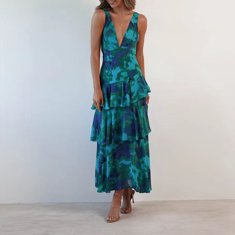 Printed Strap Cascading Ruffle Dress for Summer Events