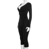 Women's Sexy Solid Color Deep V-Neck Wrap Long Sleeve Top & Cropped Tight-Fitting Pants Set