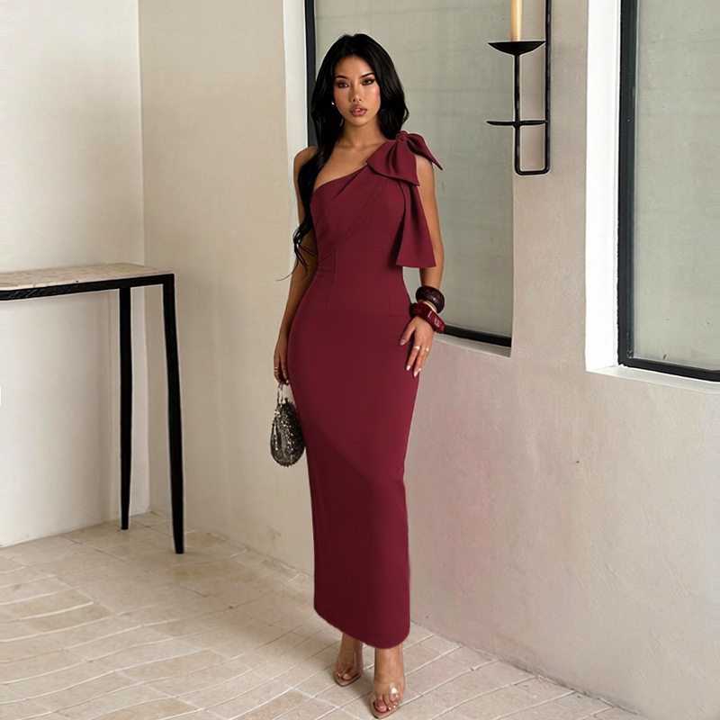 Slash Shoulder Bow Bodycon Dress for Summer Parties