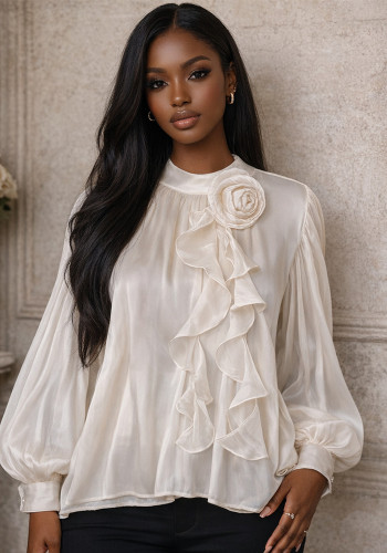 Women's Elegant Long Sleeve Shirt with Floral Embellishment