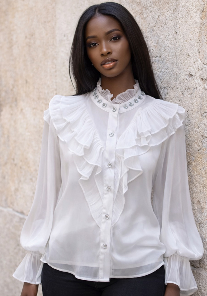 Embellished Long Sleeve Ruffle Shirt for Career Wear