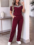 Women's Spring/Summer Leopard Print Turndown Collar Short Sleeve Top & Pocket Pants Set