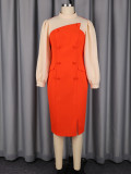 Women's Fall Elegant Mock Neck Button-Front Contrast Color Puff Sleeve Slim-Waist Bodycon Dress