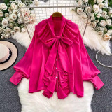 Women's Fall/Winter Chic V-Neck Ruffle Blouse with Bow Detail