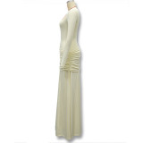 Women's Fall/Winter Solid Color Ruched Slim-Fit Square Neck Long Sleeve Dress