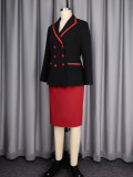 Women's Career Color Block Slim-Waist Suit Two-Piece Skirt Set