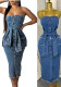 Women's Summer Slim-Fit Strapless Pockets Bodycon Denim Dress