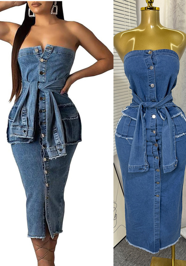 Women's Summer Slim-Fit Strapless Pockets Bodycon Denim Dress