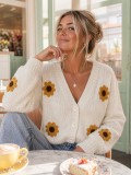 Women's Sunflower Print Knit V-Neck Single-Breasted Casual Cardigan Sweater