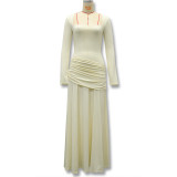 Women's Fall/Winter Solid Color Ruched Slim-Fit Square Neck Long Sleeve Dress