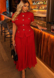 Women's Spring/Summer Career Elegant Chic Stand Collar Short Sleeve Top & Pleated Skirt Two-Piece Set