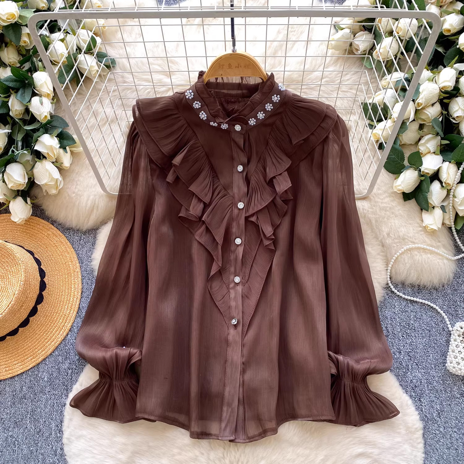 Embellished Long Sleeve Ruffle Shirt for Career Wear