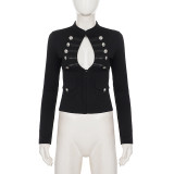 Women's Fashionable Baroque Double-Breasted Cutout Long Sleeve Slim-Fit Top