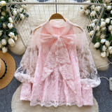Women's Elegant Mesh Long Sleeve Lace Embroidered Top with Bow Detail