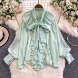 Women's Fall/Winter Chic V-Neck Ruffle Blouse with Bow Detail