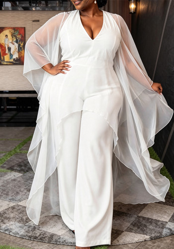 Women's Plus Size White Mesh Cape Deep V-Neck Wide-Leg Formal Party Jumpsuit