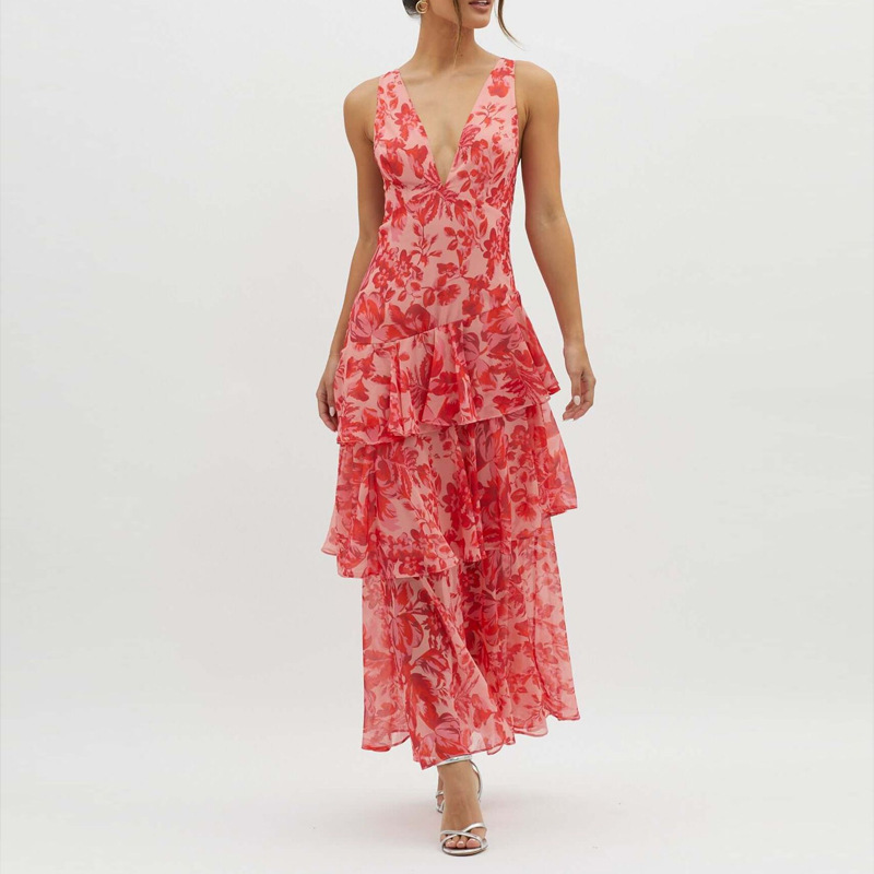 Printed Strap Cascading Ruffle Dress for Summer Events