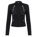 Women's Fashionable Baroque Double-Breasted Cutout Long Sleeve Slim-Fit Top