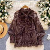 Women's Elegant Mesh Long Sleeve Lace Embroidered Top with Bow Detail
