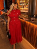 Women's Spring/Summer Career Elegant Chic Stand Collar Short Sleeve Top & Pleated Skirt Two-Piece Set