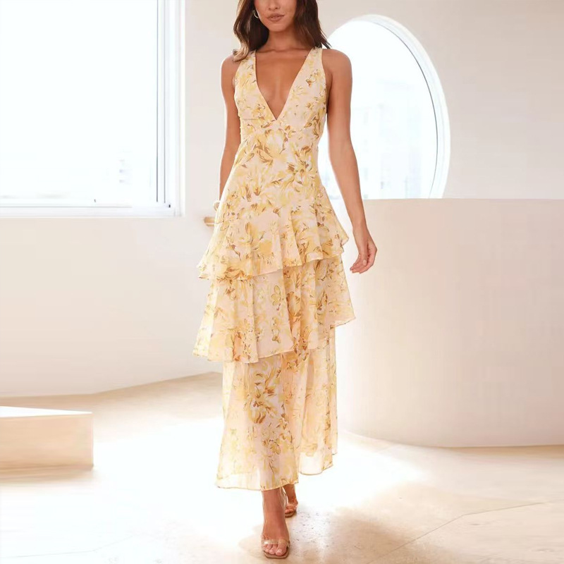 Printed Strap Cascading Ruffle Dress for Summer Events