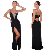 Women's Sexy Deep V-Neck Beaded Low Back Split Mermaid Formal Party Dress