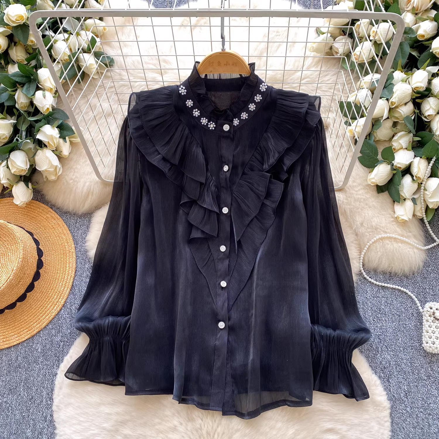 Embellished Long Sleeve Ruffle Shirt for Career Wear