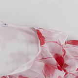 Women's Floral Print V-Neck Long Sleeve Slim-Waist A-Line Ruffle Dress