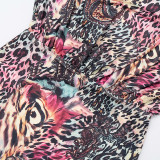 Women's Fall Sexy Leopard Print Ombre Lace-Up Low Back Bell Bottom Long Sleeve Dress