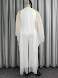 Women's Plus Size White Mesh Cape Deep V-Neck Wide-Leg Formal Party Jumpsuit