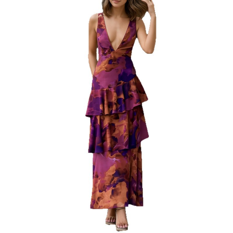 Printed Strap Cascading Ruffle Dress for Summer Events
